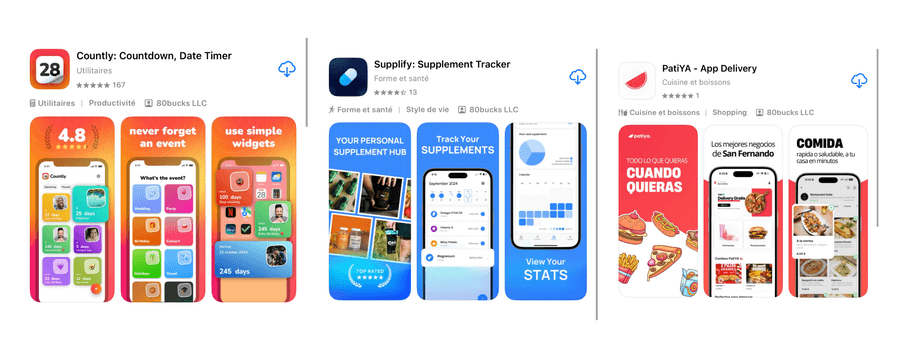 Exemples d'apps créées — Countly, Supplify, PatiYA