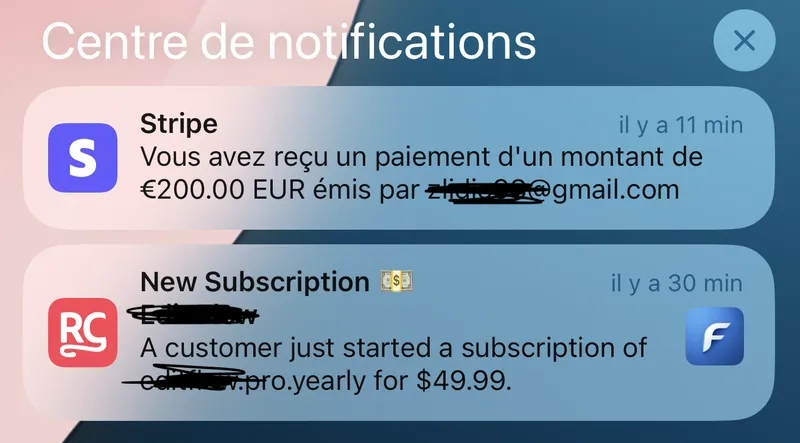 Notifications de paiement Stripe et RevenueCat